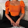 thumbnail image 4 of Camiseta informal con manga abombada y cuello redondo para mujer, camiseta ajustada acanalada de color puro, Top naranja S, 4 of 7