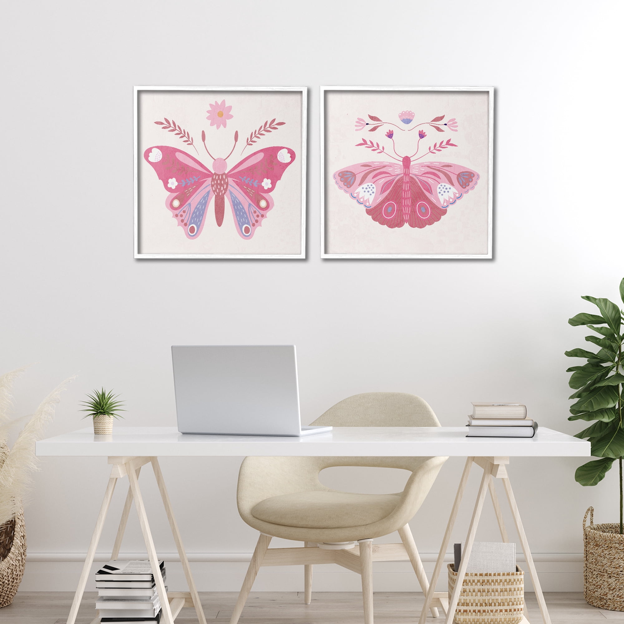 Stupell Industries Pink Folk Butterflies 2 Piece White Framed Giclee Art Set, design by Kim Allen