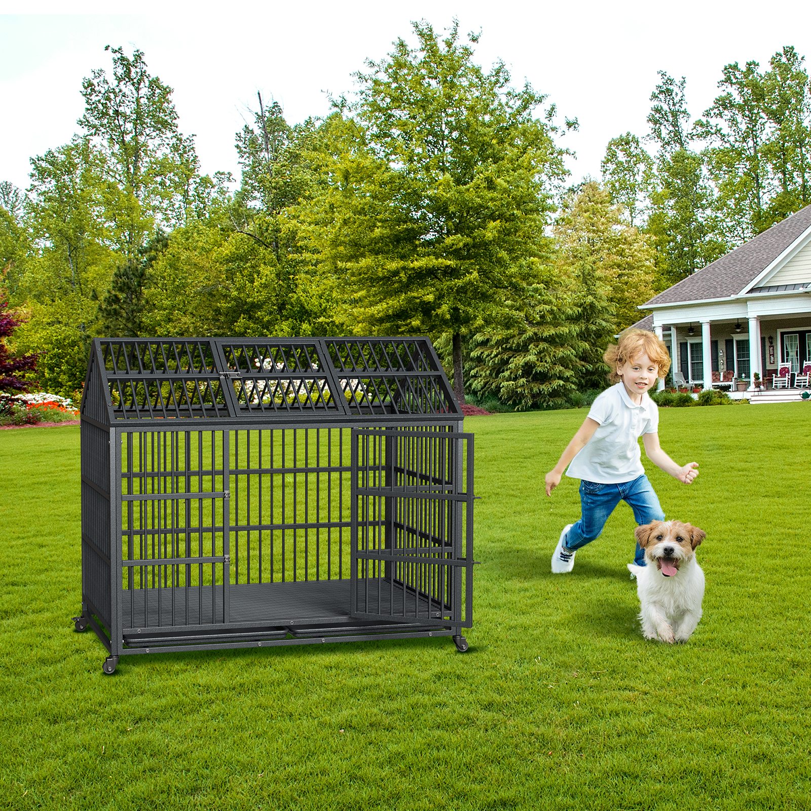 Escape-Proof Dog Cage 52 Inch - Heavy Duty Kennel with Double Doors & Tray