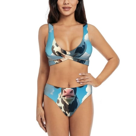 Zeuib Cute Daisy Cow A High Waisted Tummy Control Bikini Set - Knot Front Push Up Top & Cheeky Thong Bottom  Two-Piece Swimsuit for Women-XX-Large