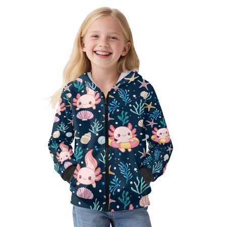 FUIALDOLG Little & Big Girls Zip Up Hoodie Cute Axolotl Coral Print Long Hoodies Jacket for Girl Kids Full Zipper Hooded Fashion Sweatshirt Size L