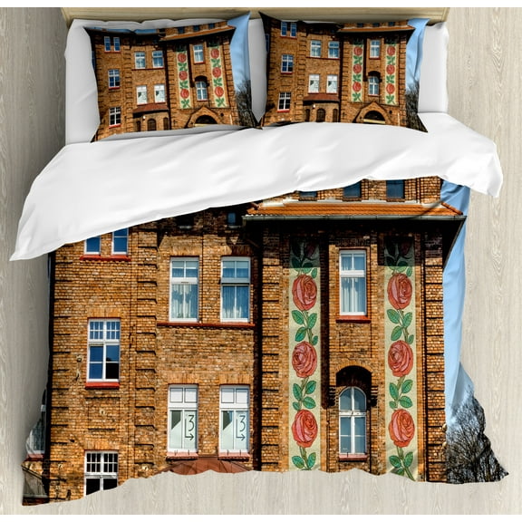 Polish Duvet Cover Set King Size, Old Building in Historical District Nikiszowice Silesian Touristic Attractions, Decorative 3 Piece Bedding Set with 2 Pillow Shams, Multicolor, by Ambesonne