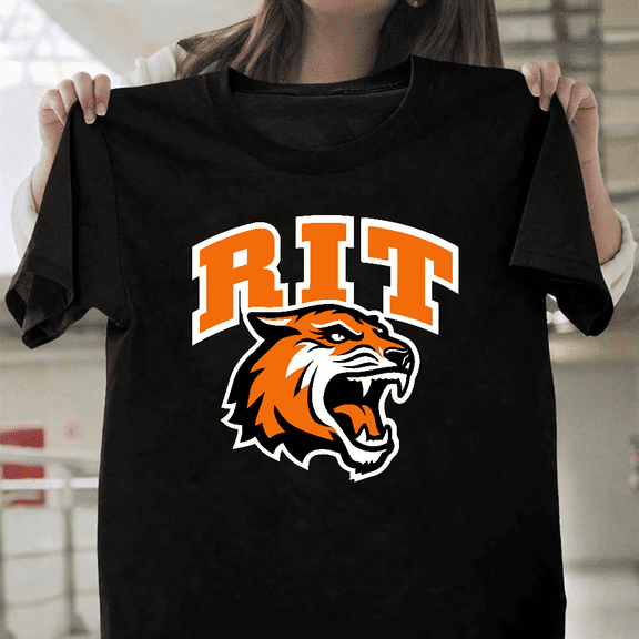 Rochester Institute of Technology RIT Tiger Stacked Team Logo Unisex T-Shirt, for men & women, up to size 5XL.