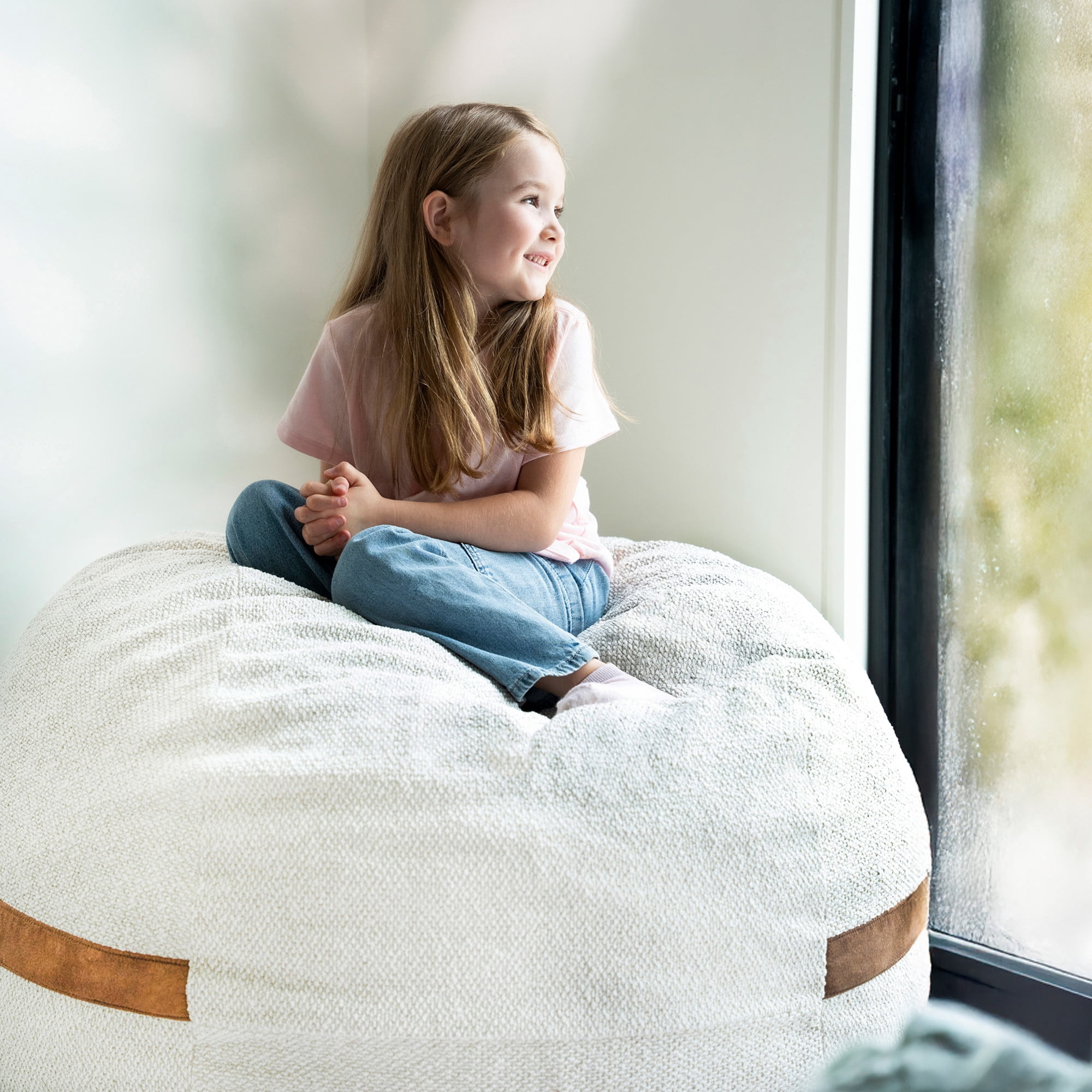 Big Joe Fuf 4Ft Foam Bean Bag Chair with Removable Cover for Kids, Teens, Sandstone Textured Boucle, 4 foot Large Reading and Gaming Seat