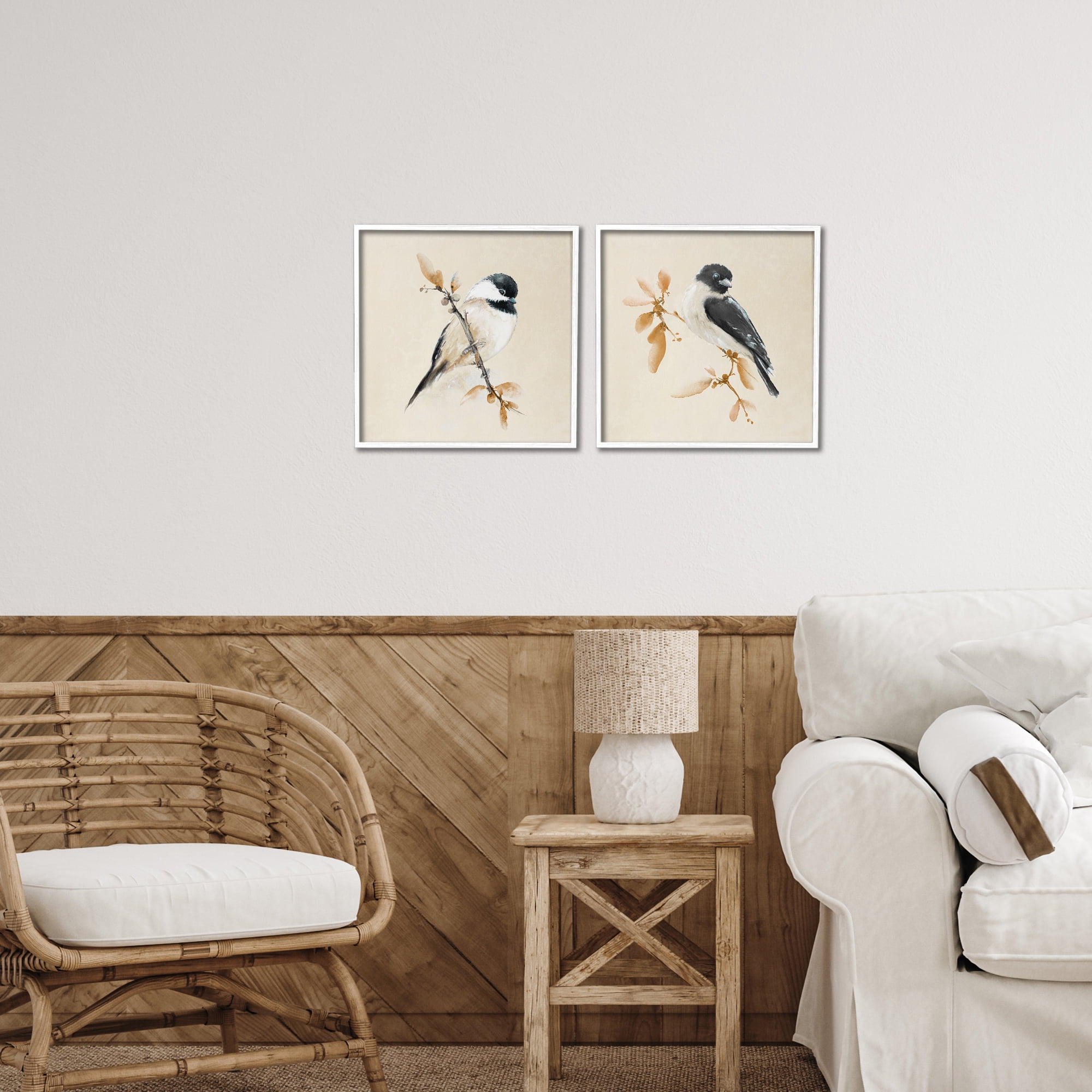 Stupell Industries Muted Chickadees on Beige 2 Piece White Framed Giclee Art Set, design by Diannart