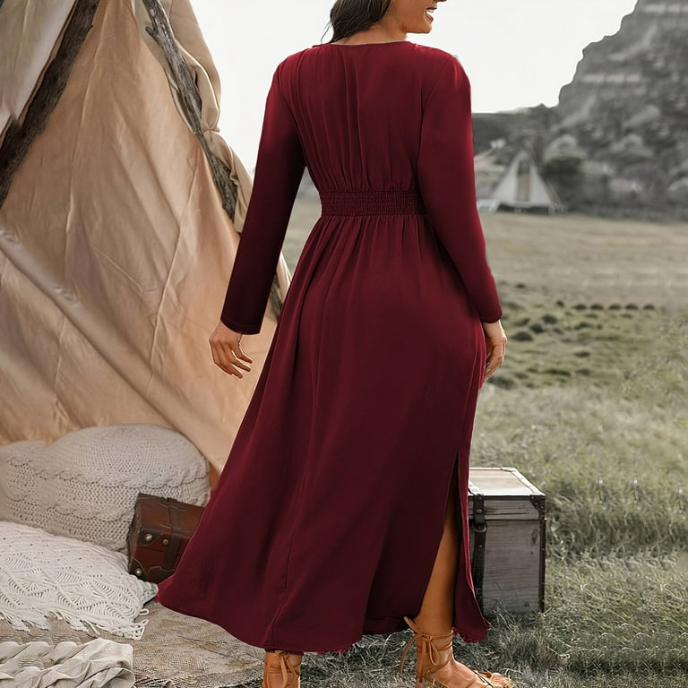 SMihono Womens Wrap V-Neck Smocked Empire Waist Dress Casual Long Sleeve  Ruched Side Slit Elegant A-Line Pleated Maxi Dresses Wine XXXXXL -  Walmart.com