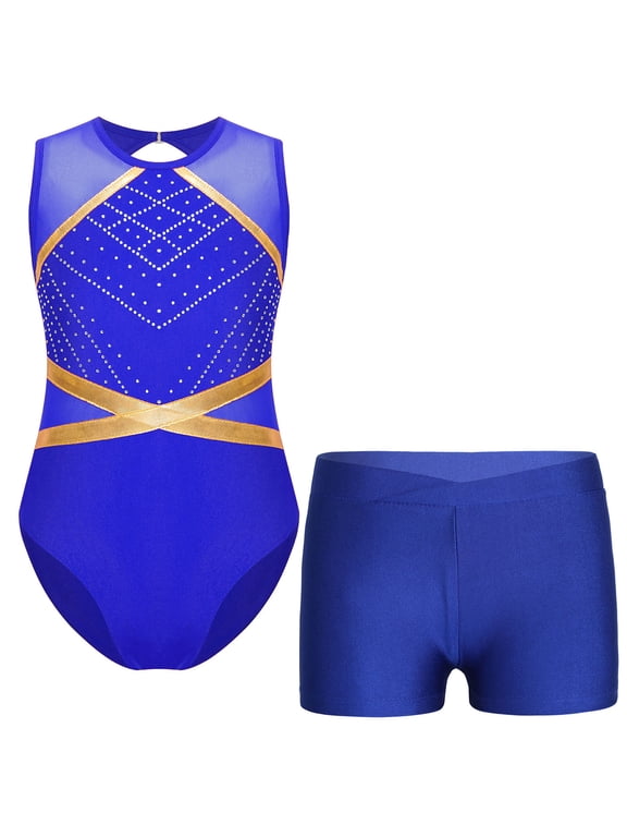 Gymnastics Leotards for Girls Sparkle Ballet Dance Bodysuit Tumbling Shorts Skating Unitard Blue 16