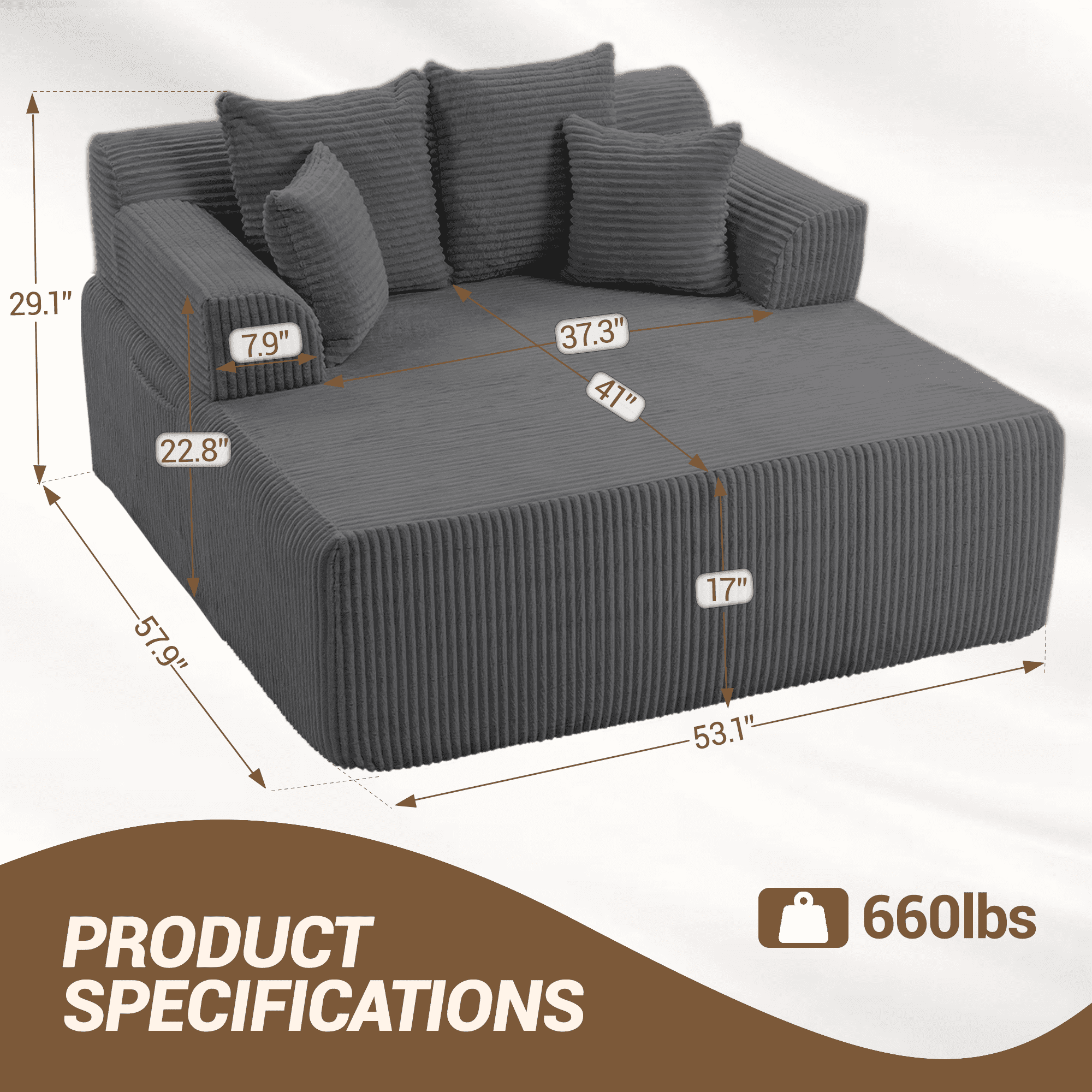WENTUM 58" Chaise Lounge Chair Indoor, Oversized Corduroy Boneless Sleeper Sofa Bed with Armrests & 4 Pillows No Assembly for Living Room Gray