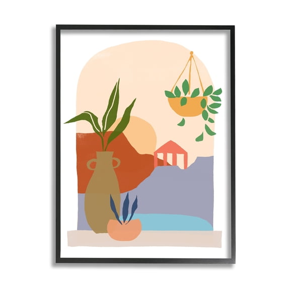 Stupell Industries Bold Hanging Potted Plants Windowsill Landscape Scene Graphic Art Black Framed Art Print Wall Art, Design by June Erica Vess