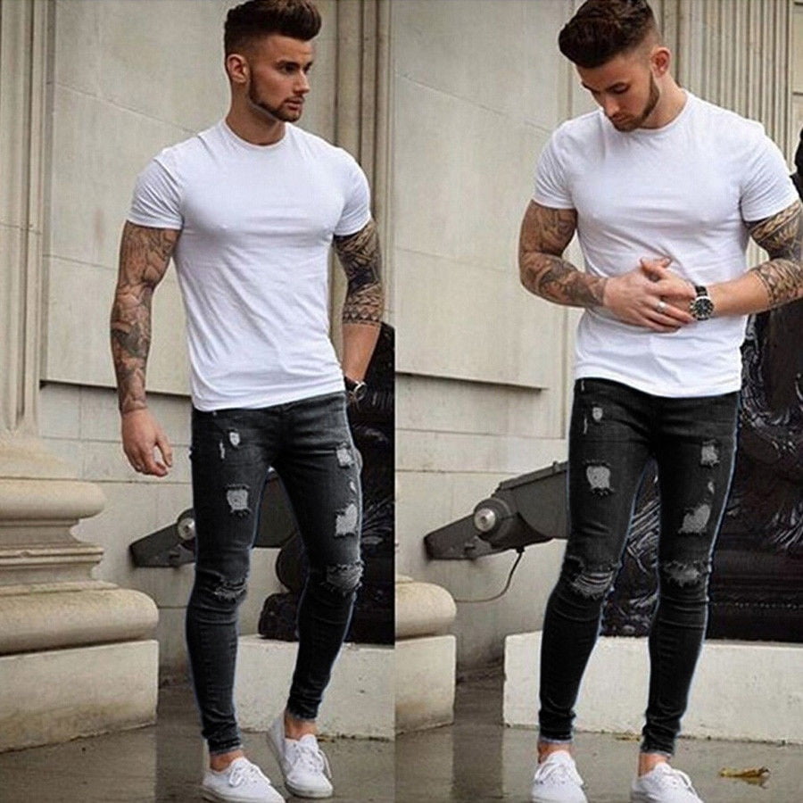 New Men Denim Jeans Leggings Jeggings Streth Pants Blue Black Slim Fit ...