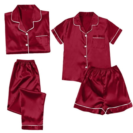 DondPO Womens Pajama Sets Satin Pyjamas Women s Short 4 Piece Pyjamas Short Sleeve Sleepwear And Shorts Set Leisure Suit Loungewear Silk Pajamas For Women Womens Loungewear Set Red L Clearance