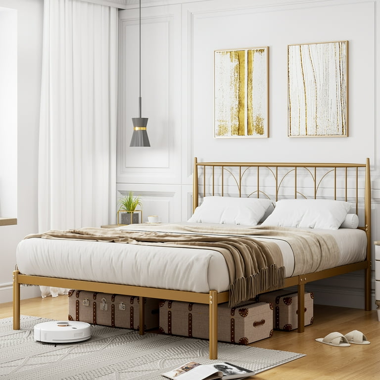Gold Metal Full Size Platform Bed Frame with Headboard Heavy Duty Metal Slat Support Mattress Foundation Noise Free Design Easy Installation