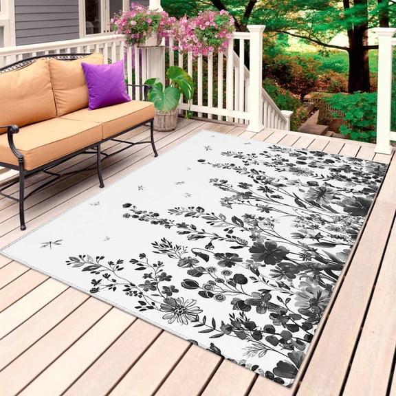 Grey Botanical Outdoor Rug for Patio/Deck/Porch, Non-Slip Large Area Rug 3 x 5 Ft, Dragonfly Flower Leaf Retro Ink Style Indoor Outdoor Rugs Washable Area Rugs, Reversible Camping Rug Carpet Runner