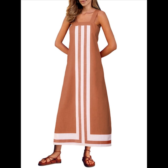 Vestido Bohemio Floral para Mujer, Vestido Informal de Verano con Bloques de Color. Marrón Oscuro M