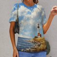 thumbnail image 6 of Lighthouse Sunrise Coast Scenery Pale Blue Tan Women's Short Sleeve T-Shirt Crew Neck Casual Summer Trendy Loose Fit Tops, 6 of 6