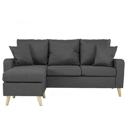 Grey Sectional With Chaise Lounge Mid Century Modern Linen Fabric Small Space Sectional Sofa with Reversible Chaise (Dark Grey) ()