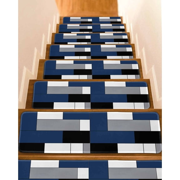 Navy Blue Grey Geometric Stair Treads Non Slip Indoor for Wooden Steps, Modern Black White Abstract Art 10 Pcs Stair Mats for Elders Dogs, 8 x 30 Inch Carpet Treads Runner Rugs for Staircase