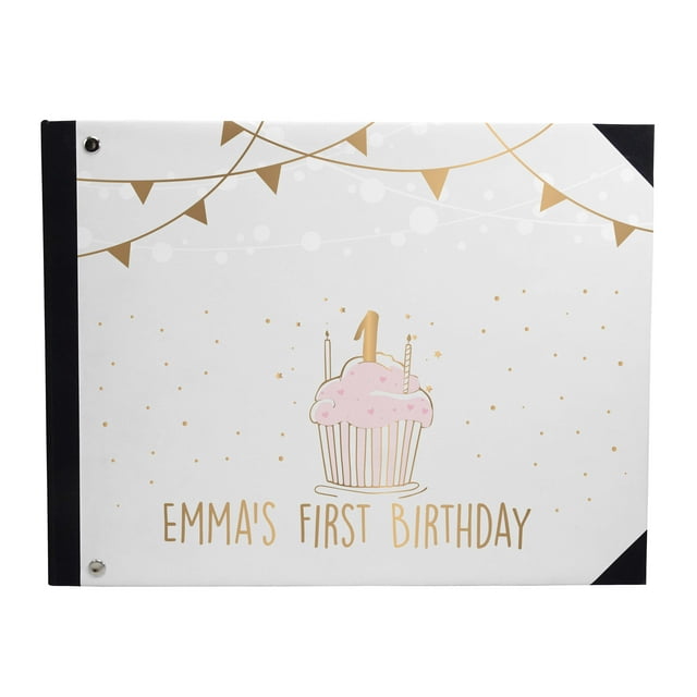 Darling Souvenir Grey Cake & String Banner Birthday PartyGuestbookHardbound Cover Personalized Printed MemoryGuestRegistry-9 x 12 Inches