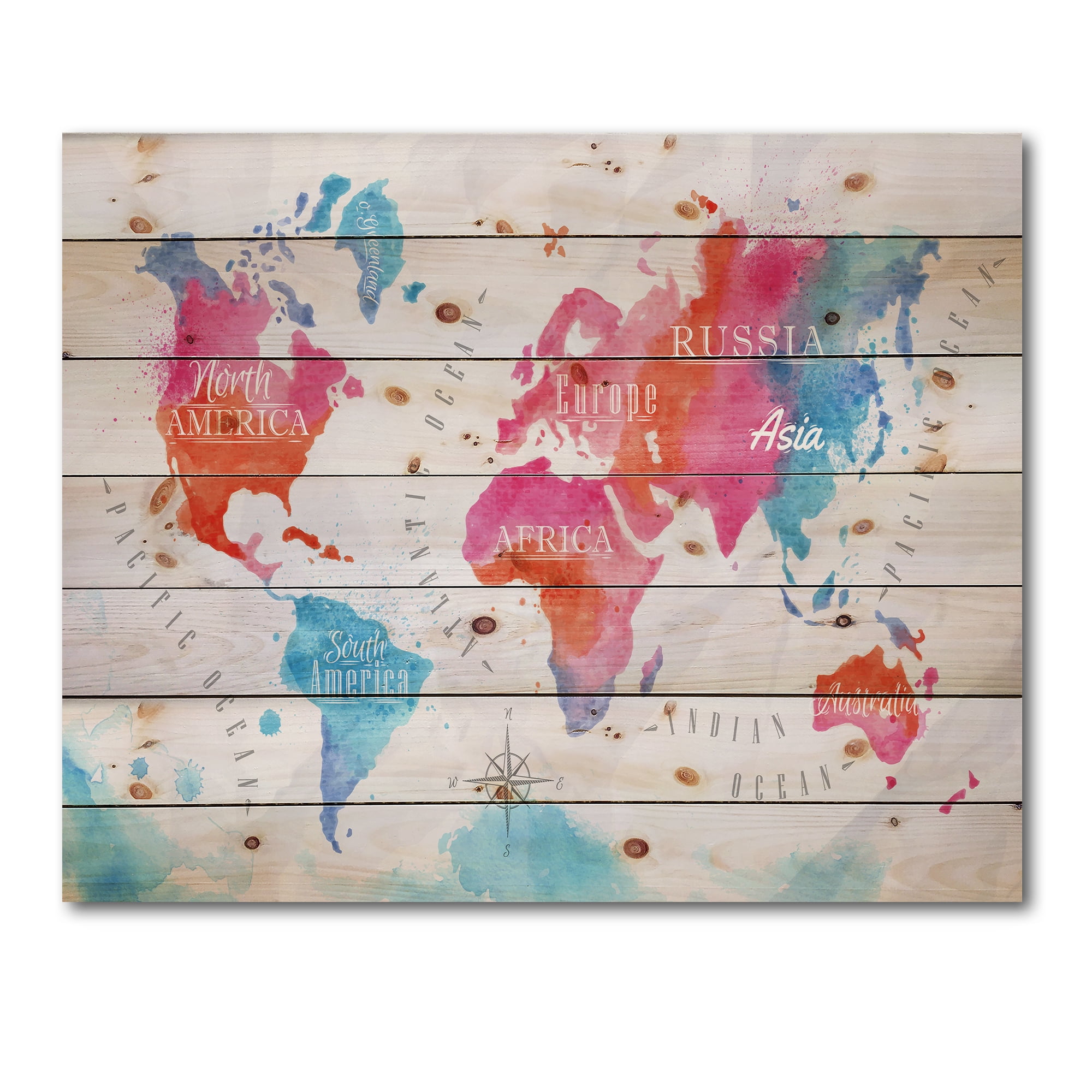 Designart 'World Map In Blue and Pink' Modern Print on Natural Pine Wood