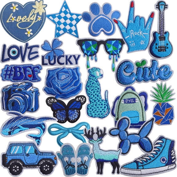 23PCS Blue Embroidered Iron on Patches Hippie Boho Cute Guitar Paw Print Suitcase Embroidery Sewing Applique DIY Craft Repair Accessories for DIY Clothing Hat Jacket Jeans Backpacks