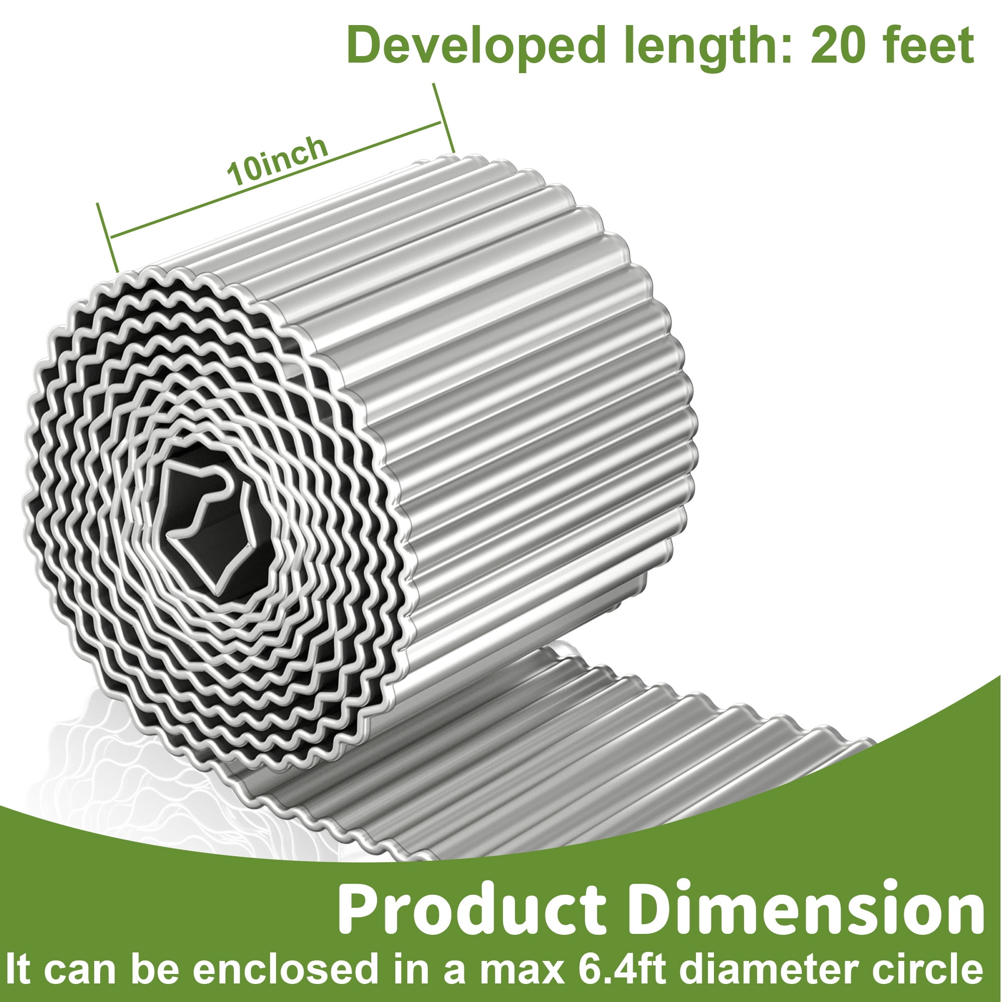 Vinci Metal Landscape Edging Border, 10 Inch x 20 FT Corrugated Steel Garden Edging with Rolled Safety Edges, Flexible Lawn & Flower Bed Edging for Yard, Multiple Sizes & Colors (Silver)