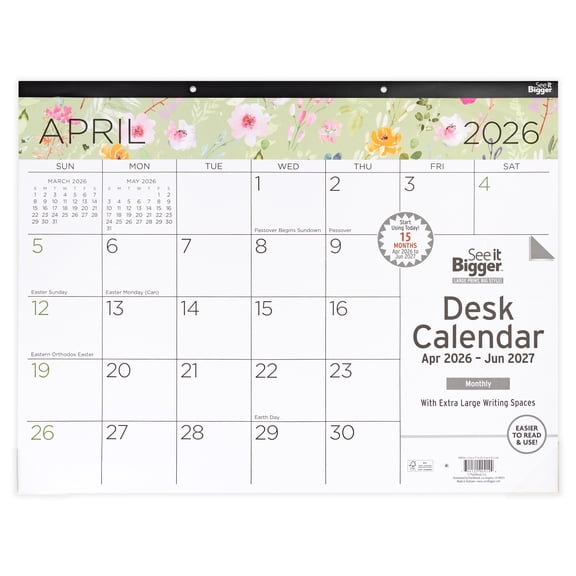 See It Bigger Desk Pad Calendar, Large (17" x 22"), Floral, 15-Month: Apr 2026 - Jun 2027
