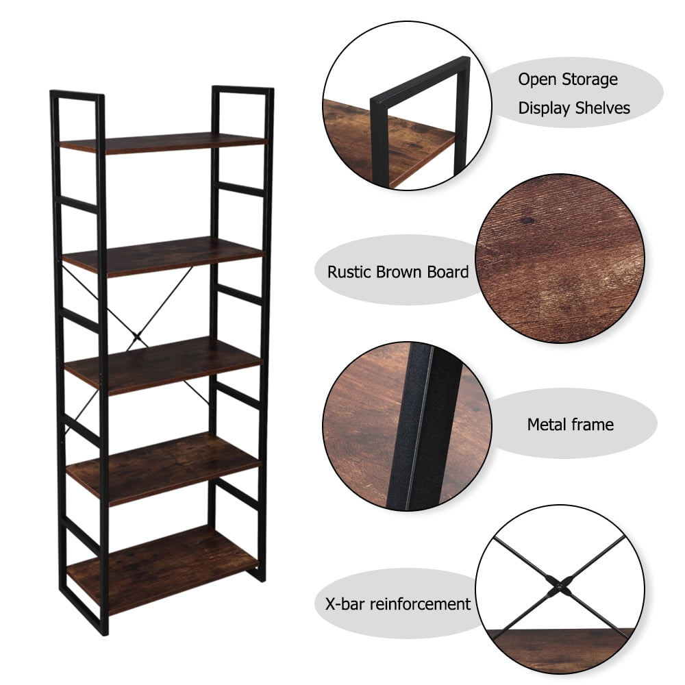 Kepooman 5-Tier Industrial Bookcase and Book Shelves, Vintage Wood and Metal Bookshelves, Retro Brown Kepooman 5-Tier Industrial Bookcase and Book Shelves, Vintage Wood and Metal Bookshelves, Retro Brown