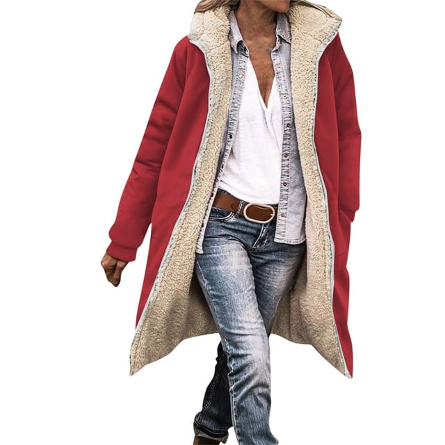 yardsong Manteau Long Matelassé en Molleton - Chaud pour Femme, Réversible, Doublé Sherpa, à Capuche, Rouge, G