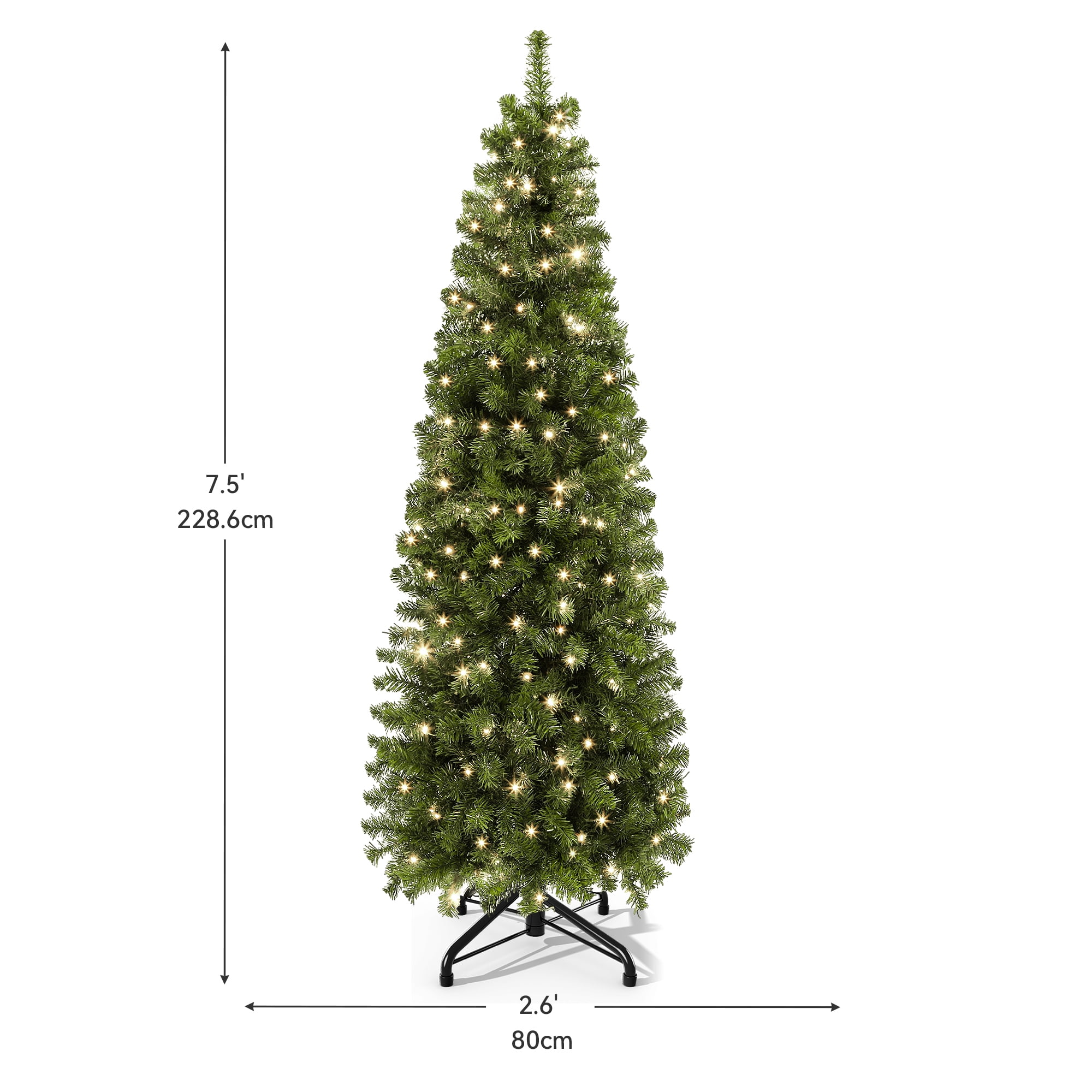 Uforic 7.5ft Pre-Lit Artificial Pencil Christmas Tree,Slim Fraser Fir Christmas Tree with 1000 Branch Tips and 350 Lights,Green