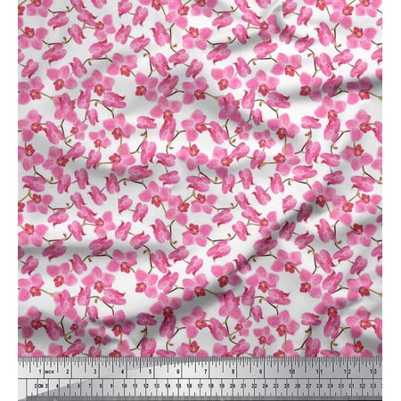 Soimoi Poly Georgette Fabric Orchid Floral Print Sewing Fabric Yard 42 Inch Wide