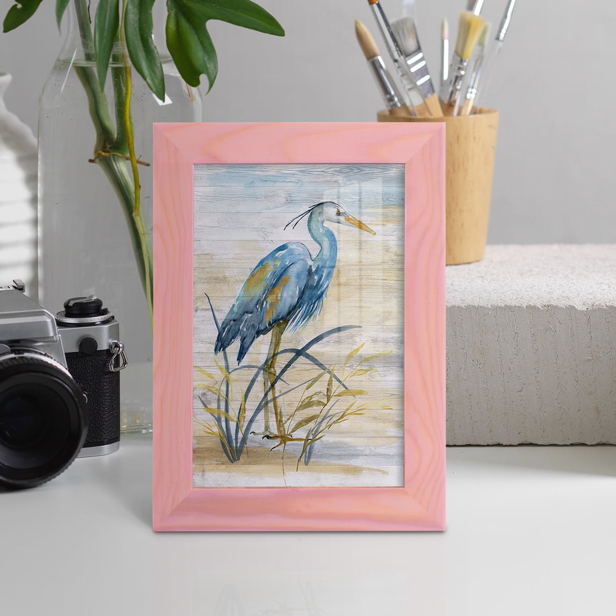 Blue Heron I -Framed Print w/glass-Sunset Pink