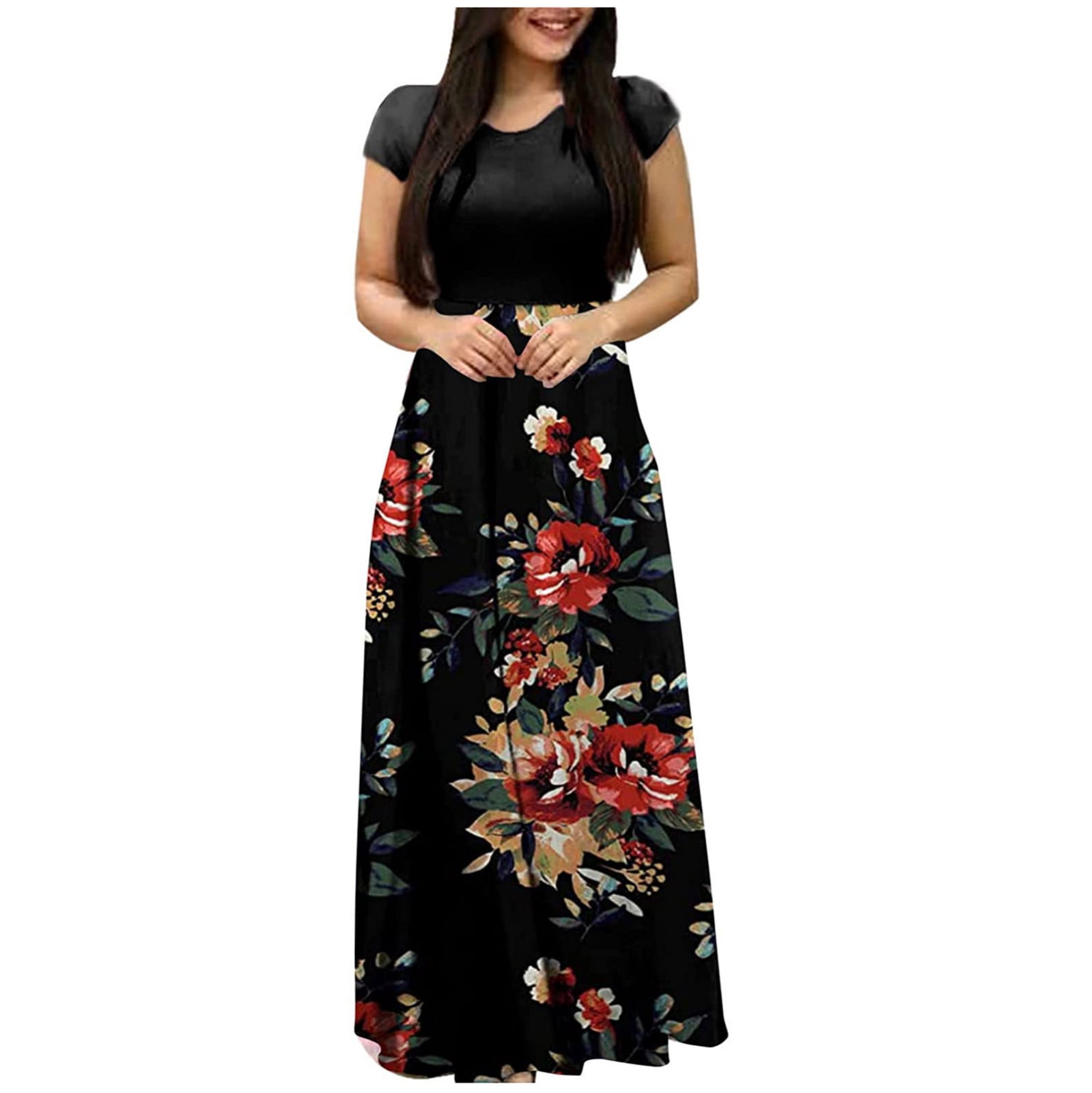 Xihbxyly Maxi Dresses for Women 2023, Women's Summer Boho Plus Size Short Sleeve Crew Neck