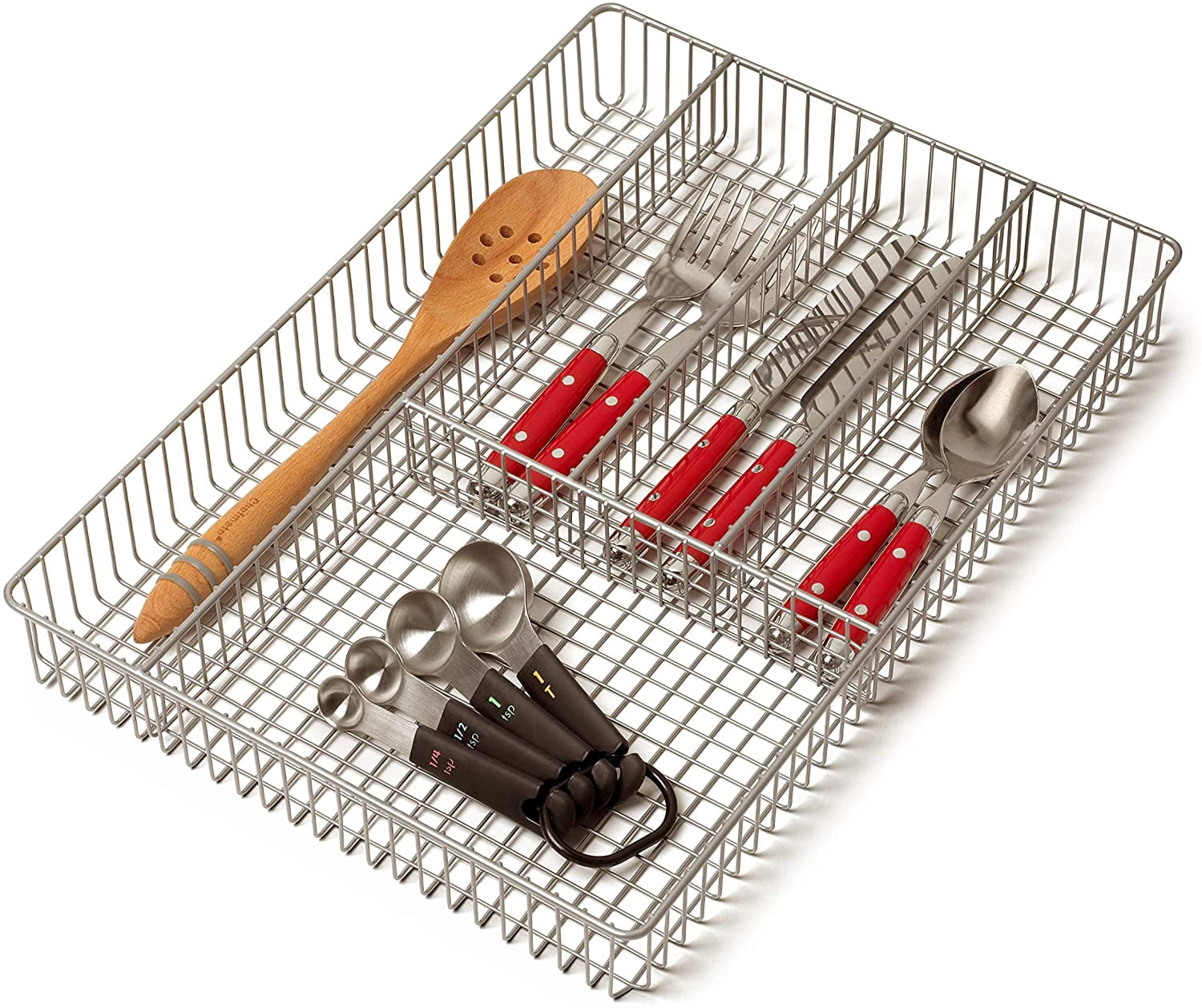 Large Wire Silverware Drawer Organizer 5 Compartment Utensil Holder Satin Nickel Finish Metal Divider Tray for Flatware Cutlery Organization 11 Inch Wide