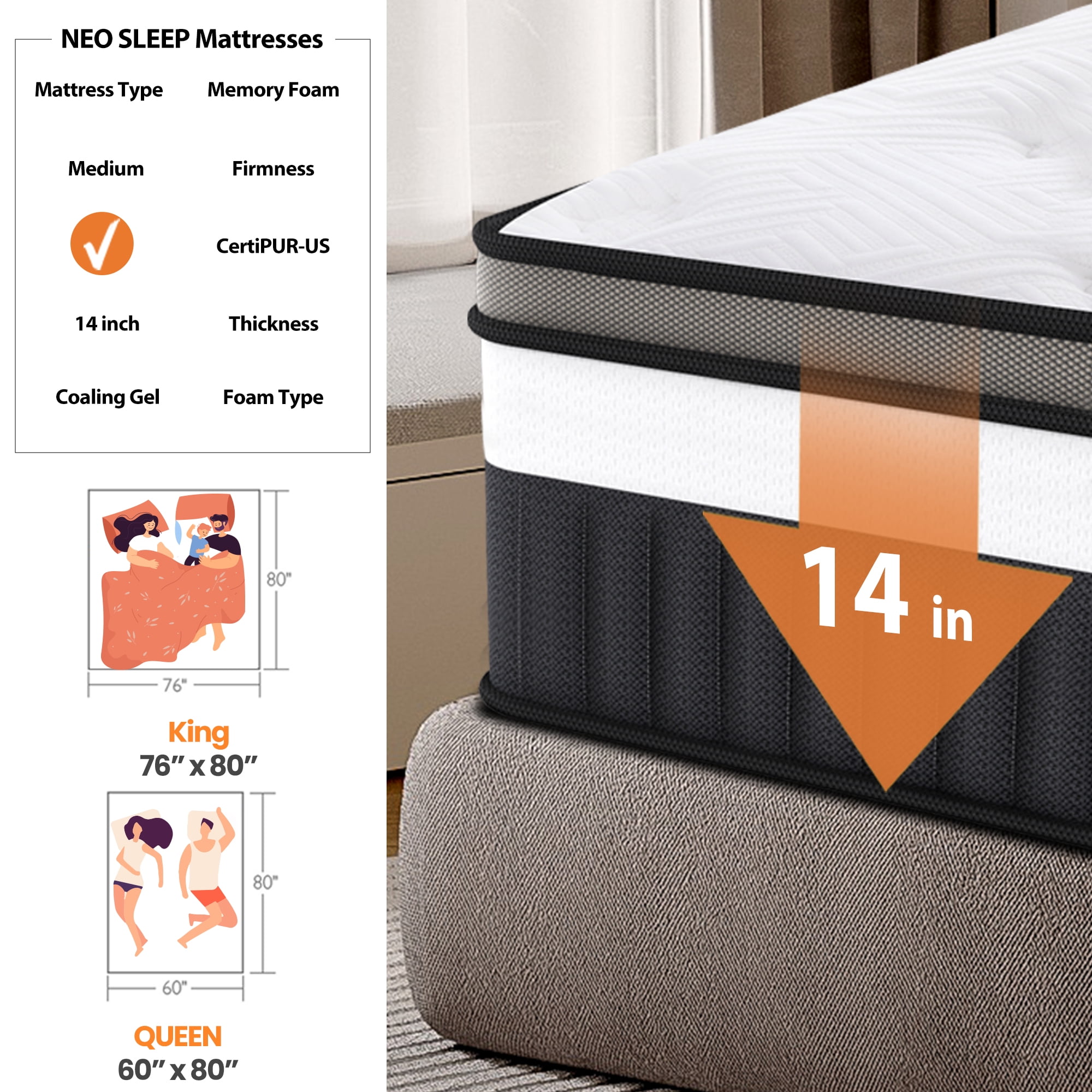 King Size Mattress in a Box, 14in King Mattress, Memory Foam Mattress with Cooling Gel, Pocket Springs for Motion Isolation