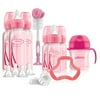 Dr. Brown's Options+ Baby Bottles Pink Gift Set with Silicone Teether, Pink Sippy Cup, Pink Bottle Brush and Travel Caps, Includes 6 Narrow Pink Baby Bottles