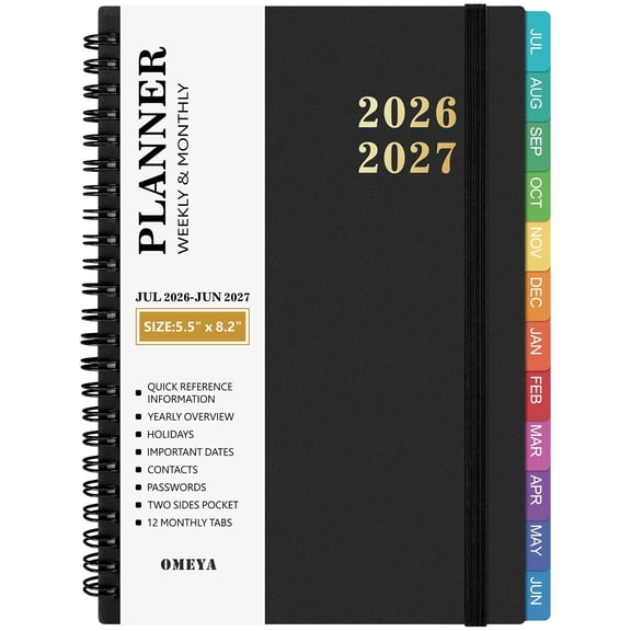 OMEYA Planner 2026 2027, Small Planner 2026-2027 Weekly and Monthly, Jul.26 - Jun.27 Academic Planner 5.8 x 8.3in with Inner Pockets, Monthly Tabs, Elastic Closure, Great for Campus & Home