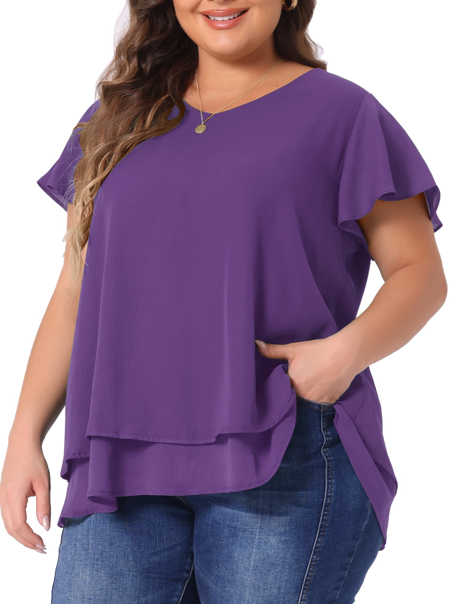 Unique Bargains Women's Plus Size Ruffle Short Sleeve V Neck Chiffon Blouse 2X Purple