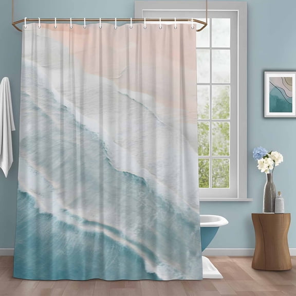 Beach Blue Shower Curtains for Bathroom, Beige Gradient Ocean Wave Seaside Scenery Washable Fabric Shower Curtain with Hooks Waterproof Bathroom Decor Sets, 36 x 72 Inches