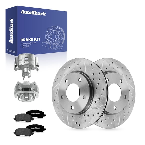 AutoShack Front Brake Rotors, Premium Pads & Calipers for Mitsubishi, Lancer 2013-2014, 2016, FWD L4 2.4L - Silver Zinc Coated Drilled & Slotted - SilverShield Pro - 10.87" (276 mm), 5-Lug