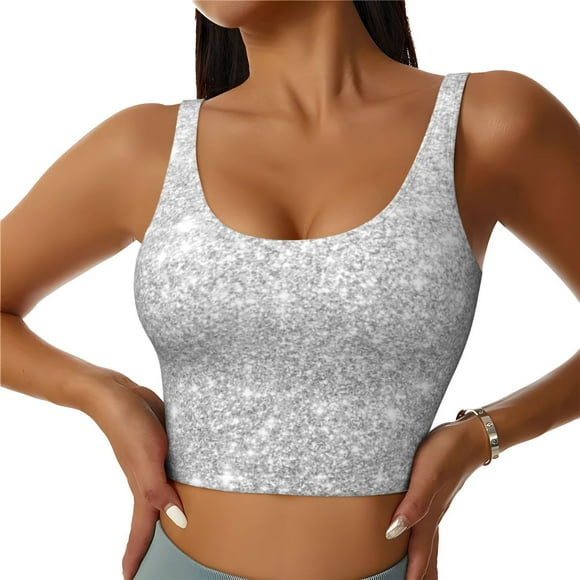 Easygdp Silver Glitter for Seamless Sports Bra for Women, High Impact Yoga Exercise Athletic Bras - Available in Various Sizes-Medium