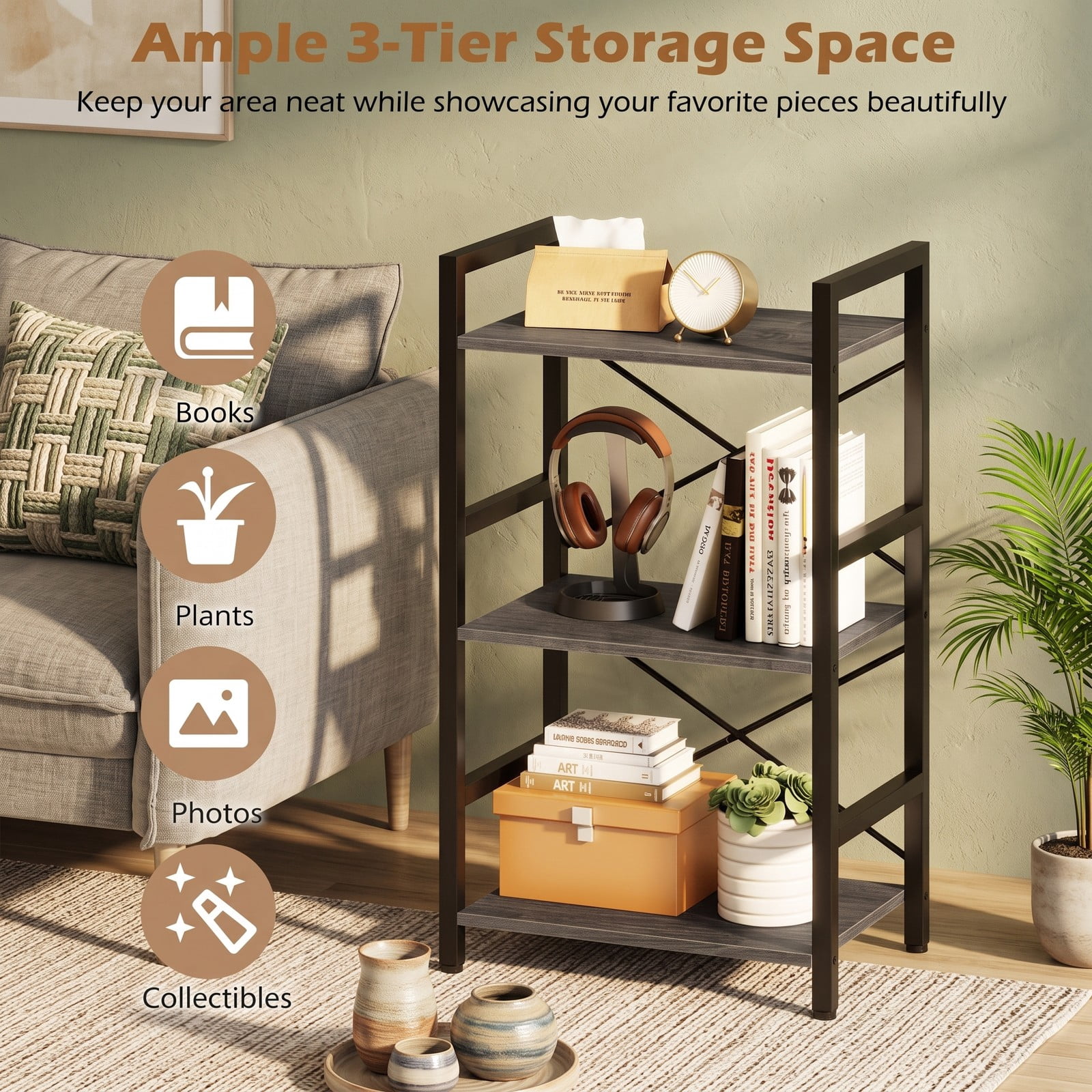 Furnibear 4-Tier Bookshelf with Metal Frame, Freestanding Wooden Storage Rack Display Bookcase Organizer with Anti-Tip Anchors for Home Office Study Living Room, Oak