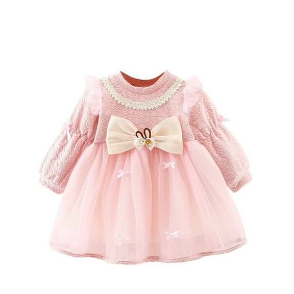Zwiiyzr 8M-4T Infant Baby Girls Tutu Dress Kids Long Sleeve Bow Knot Shirt Spliced Tulle Dress Toddler Birthday Party A-Line Princess Gown Pink