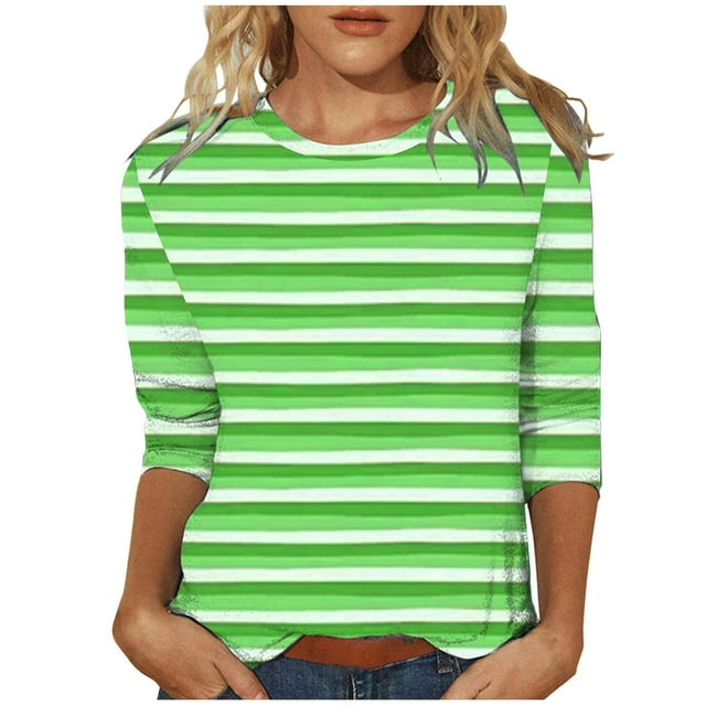 Lenpel Hauts à Manches 3/4 pour Femmes Tunique Rayée Col Rond Tendance T-Shirts Décontractés Amples Blouses (Vert, Grand)
