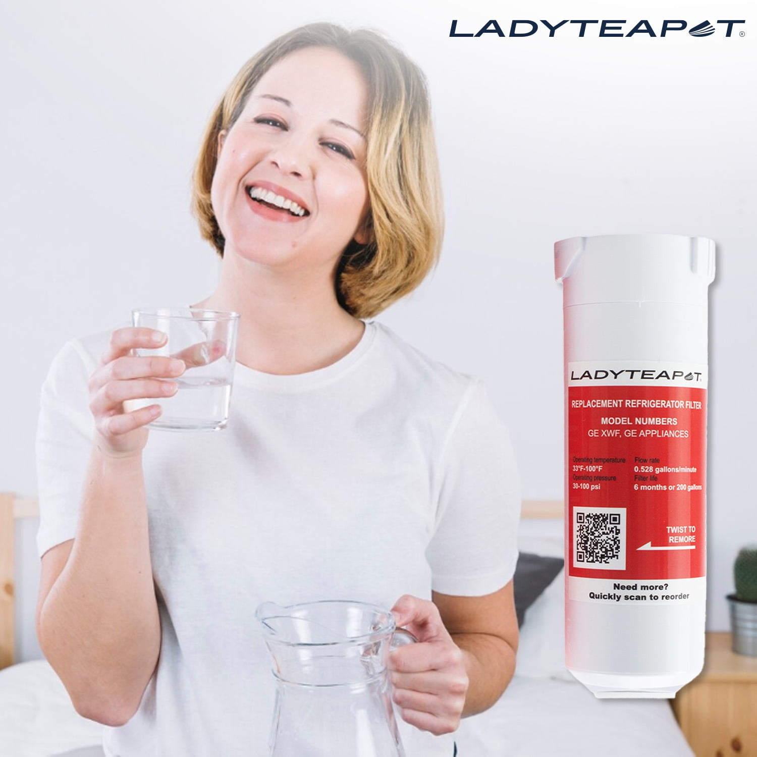LADYTEAPOT XWF Refrigerator Water Filter, Replacement for GE® XWF, WR17X30702, NSF 42/372 Certified, Compatible with GE® GNE27, GFE26, GDE25, GSS25, PSE25 Series Refrigerators, 3 Pack (No-chip)
