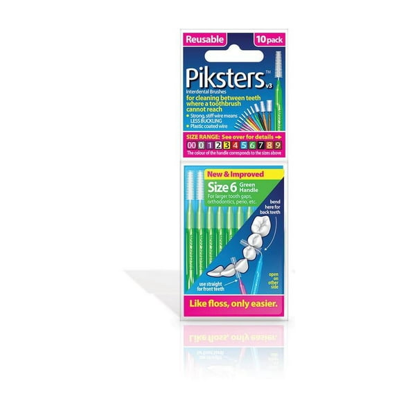 Piksters 10 pack Interdental Brushes Size 6 Green Reusable for cleaning between teeth