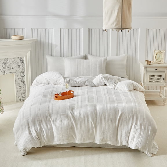 ChliEarime Heicatte Pinstripes Duvet Cover Set Twin 2 Pieces Muslin Cotton Bedding Set with Zipper Closure,White Stripes Duvet Cover(No Comforter)