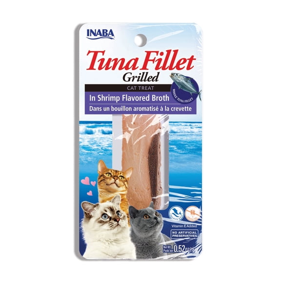 INABA Premium Hand-Cut Grilled Tuna Fillet Cat Treats with Vitamin E, 0.52 oz, Shrimp Broth