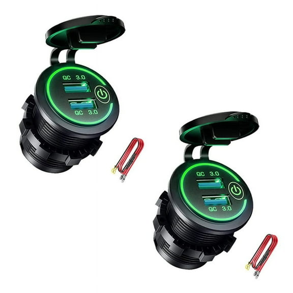 2X QC 3.0 Dual USB Charger Socket,Waterproof 12V/24V USB Outlet with Touch-Switch Green