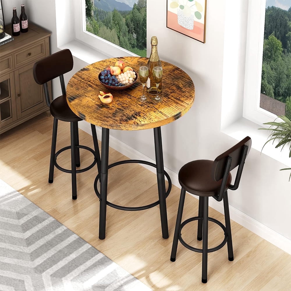 LinkRomat Dining Table Set for 2, Farmhouse Round Kitchen Table with 2 PU Leather Upholstered Stools, Dinette Set for Small Space for Dining Room