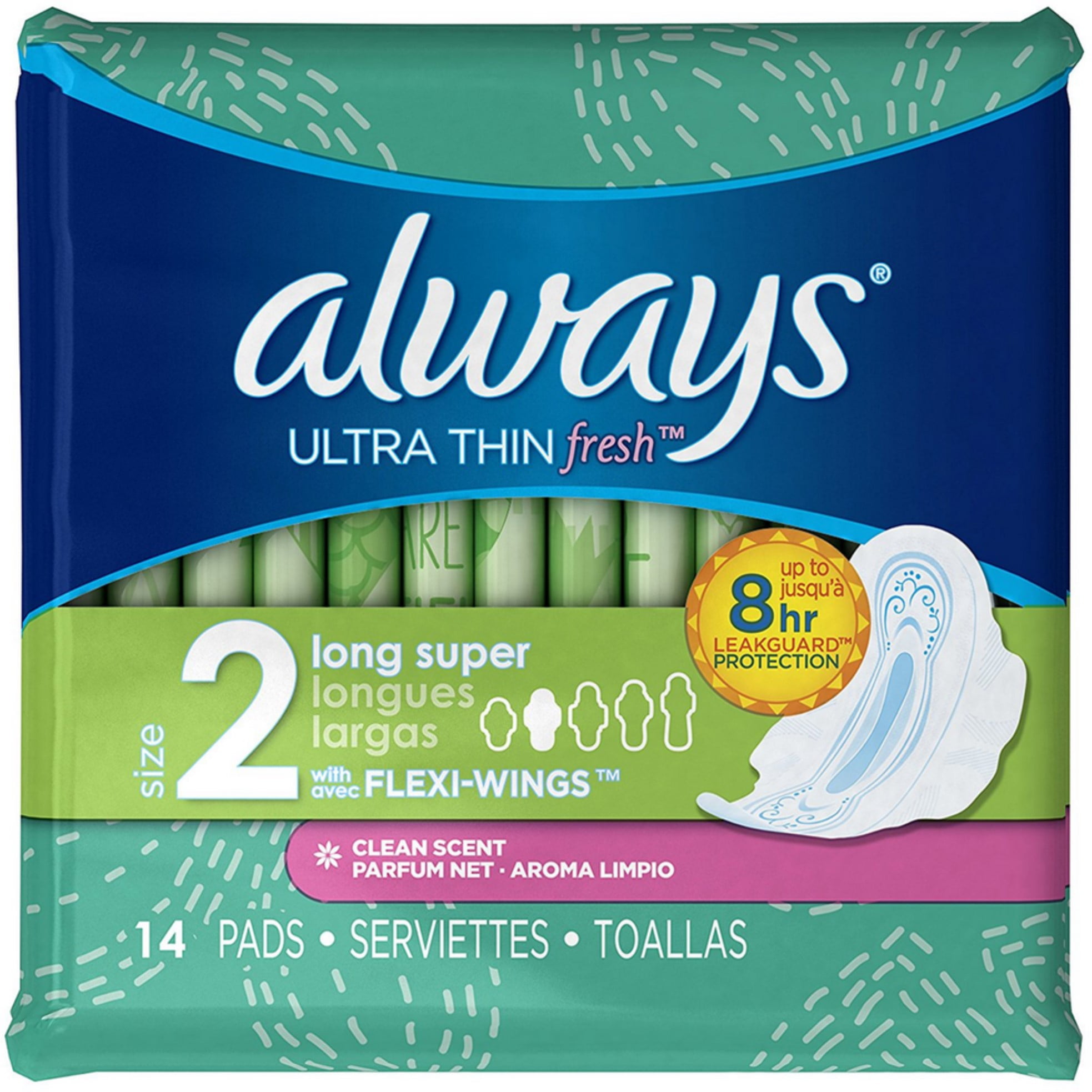 Always Ultra Thin Fresh Long Super Pads with FlexiWings, Clean Scent